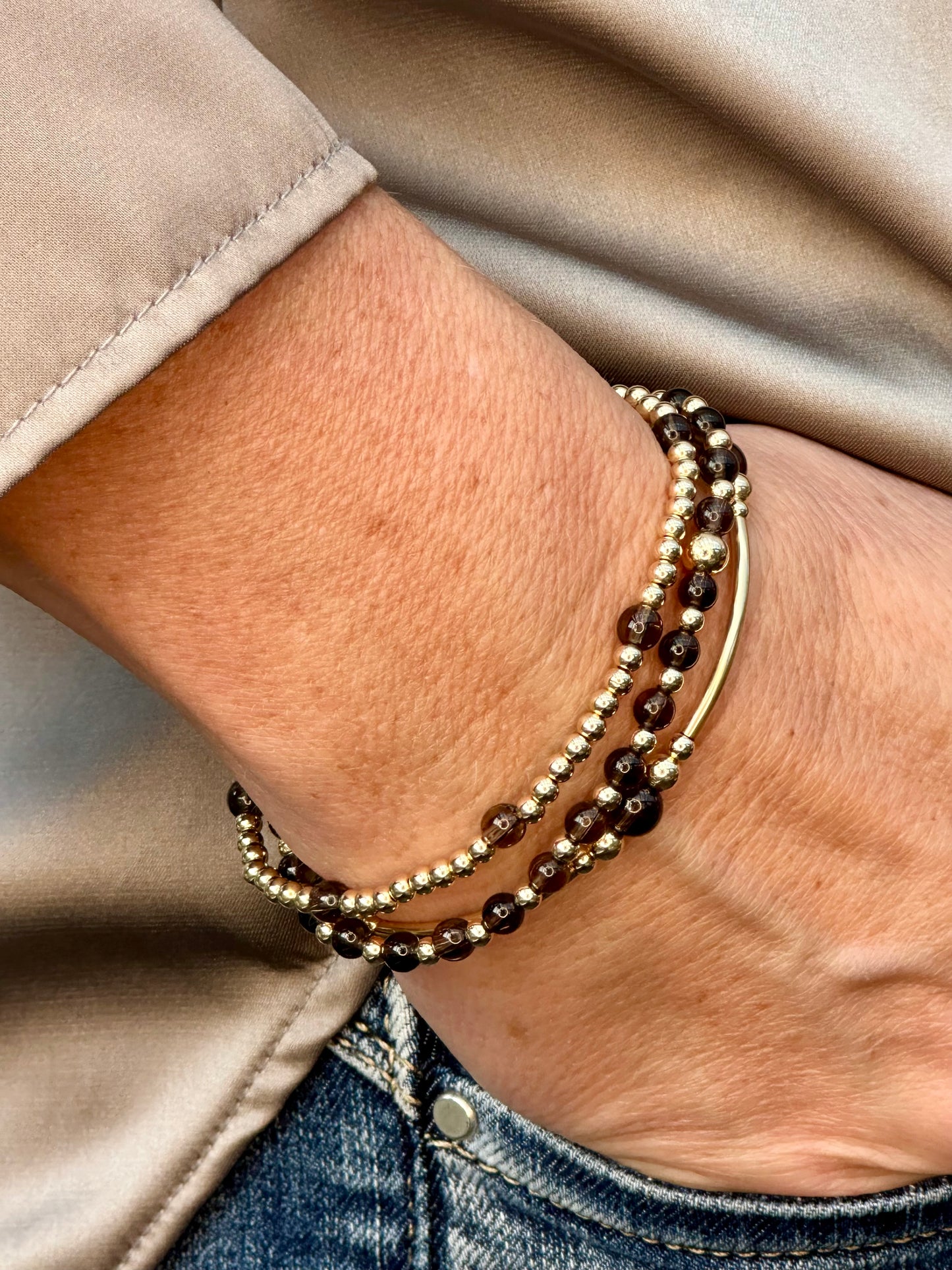 Smokey Quartz 14k Gold Bracelet Stack