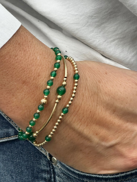 Green Agate 14k Gold Bracelet Stack