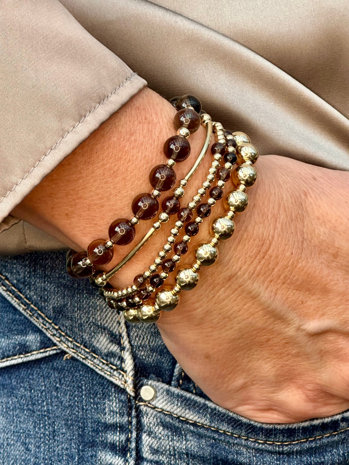 Smokey Quartz 14k Gold Bracelet Stack
