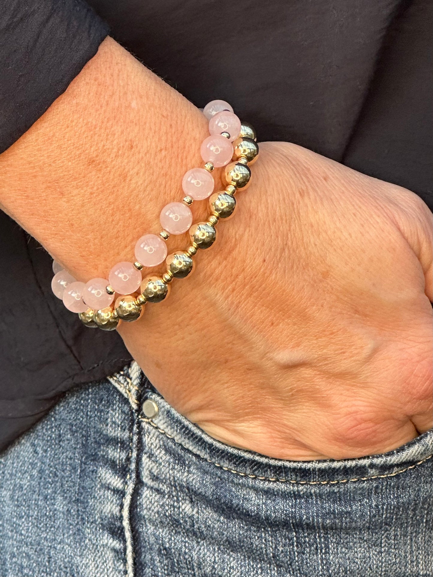 Rose Quartz Stack Builder 14k Gold Bracelet