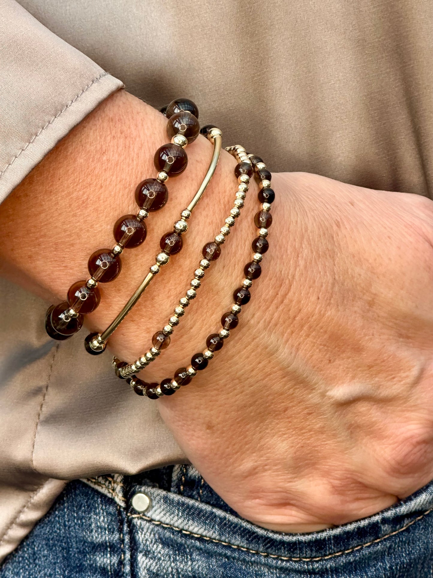 Smokey Quartz 14k Gold Bracelet Stack
