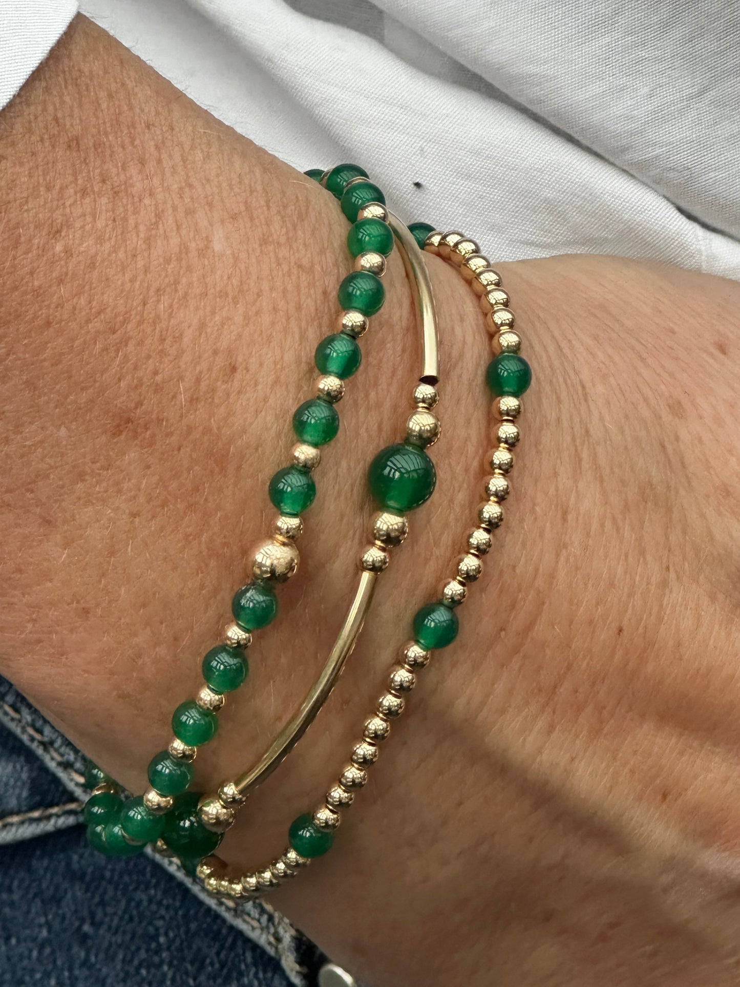 Green Agate 14k Gold Bracelet Stack