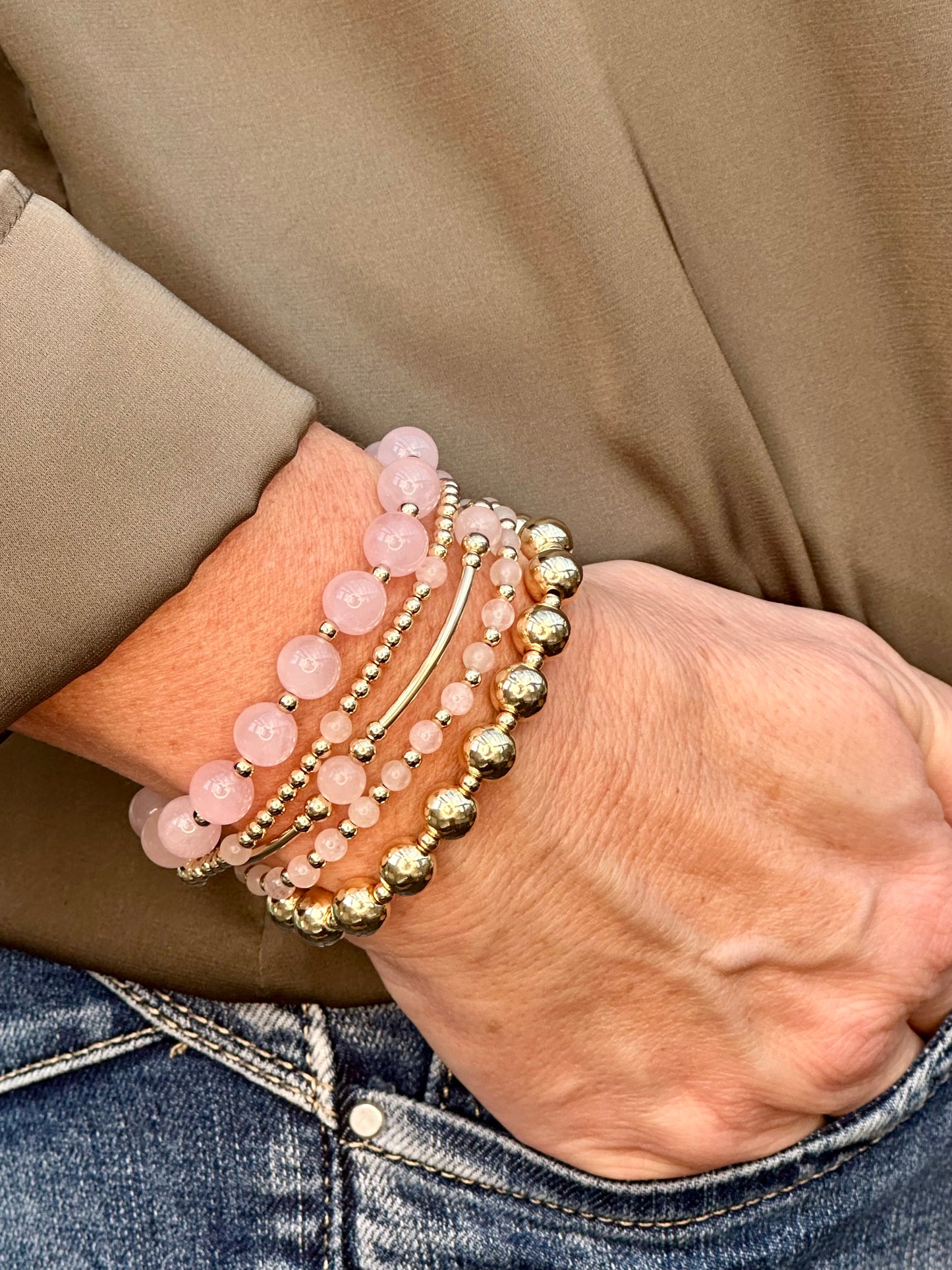 Rose Quartz 14k Gold Bracelet Stack