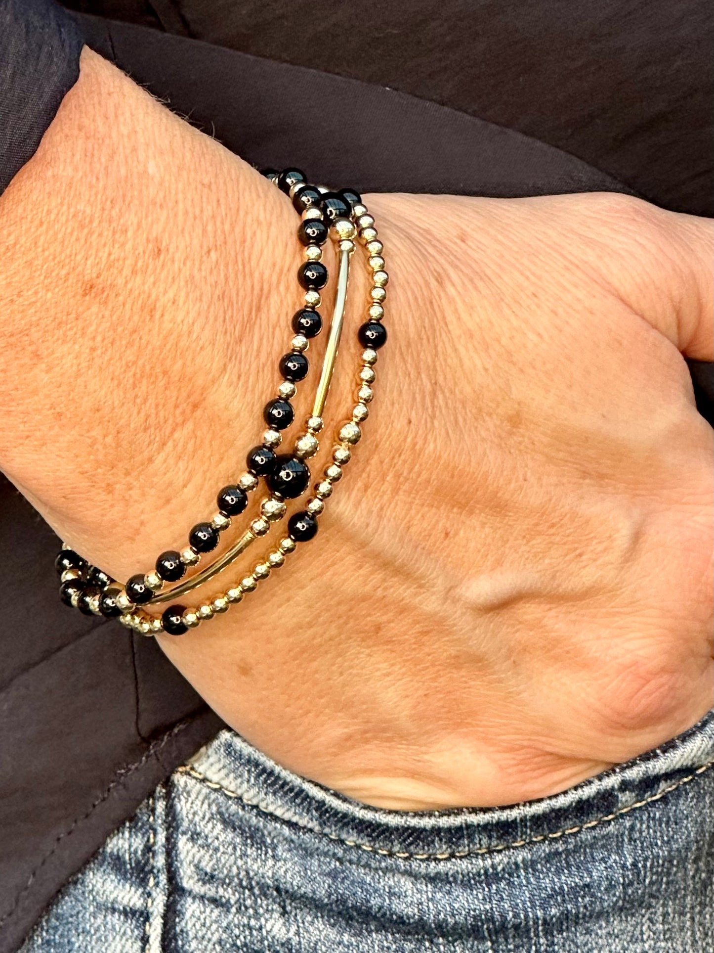 Black Onyx 14k Gold Bracelet Stack