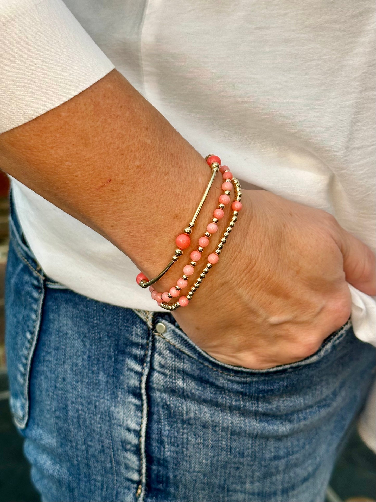 Coral 14k Gold Bracelet Stack