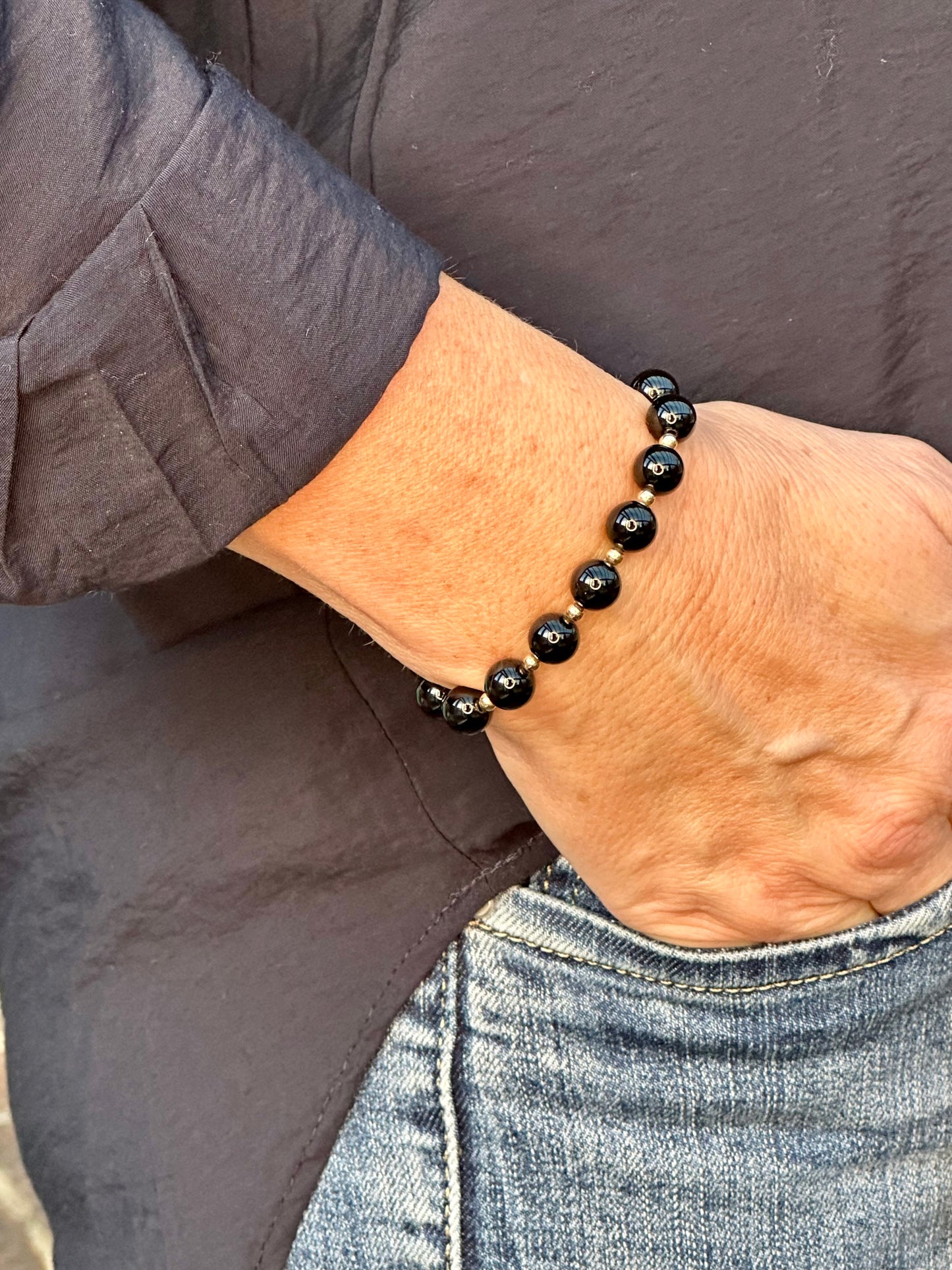 Black Onyx Stack Builder 14k Gold Bracelet