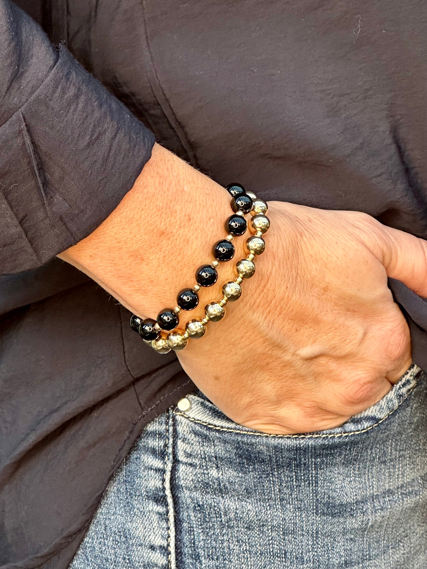 Black Onyx Stack Builder 14k Gold Bracelet