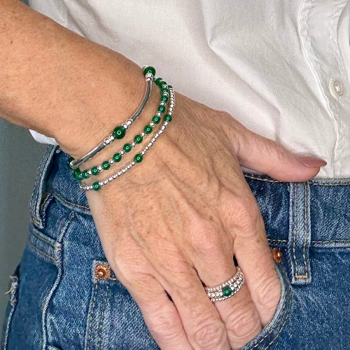 Green Agate 925 Sterling Silver Bracelet Stack