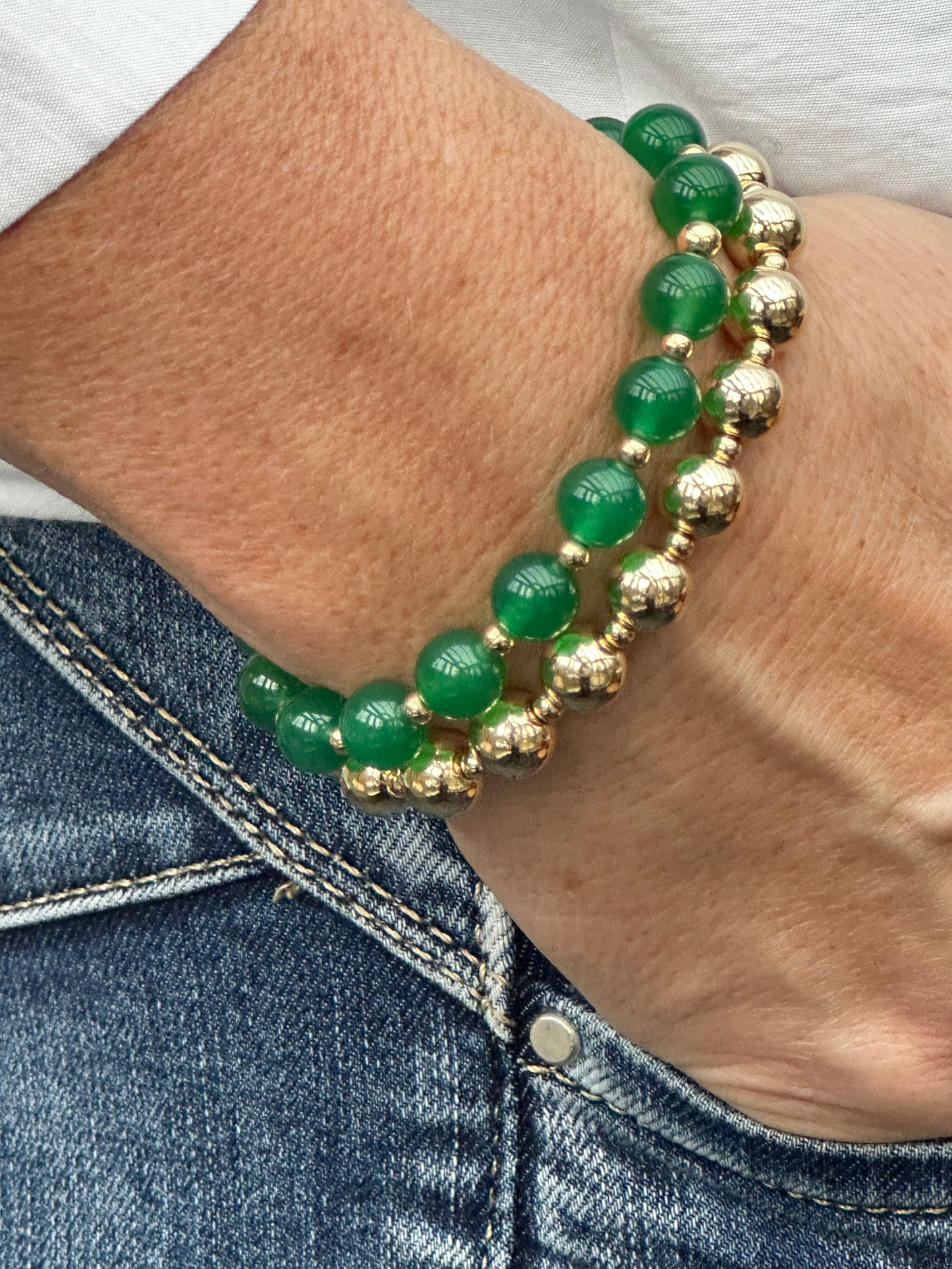 Green Agate Stack Builder 14k Gold Bracelet