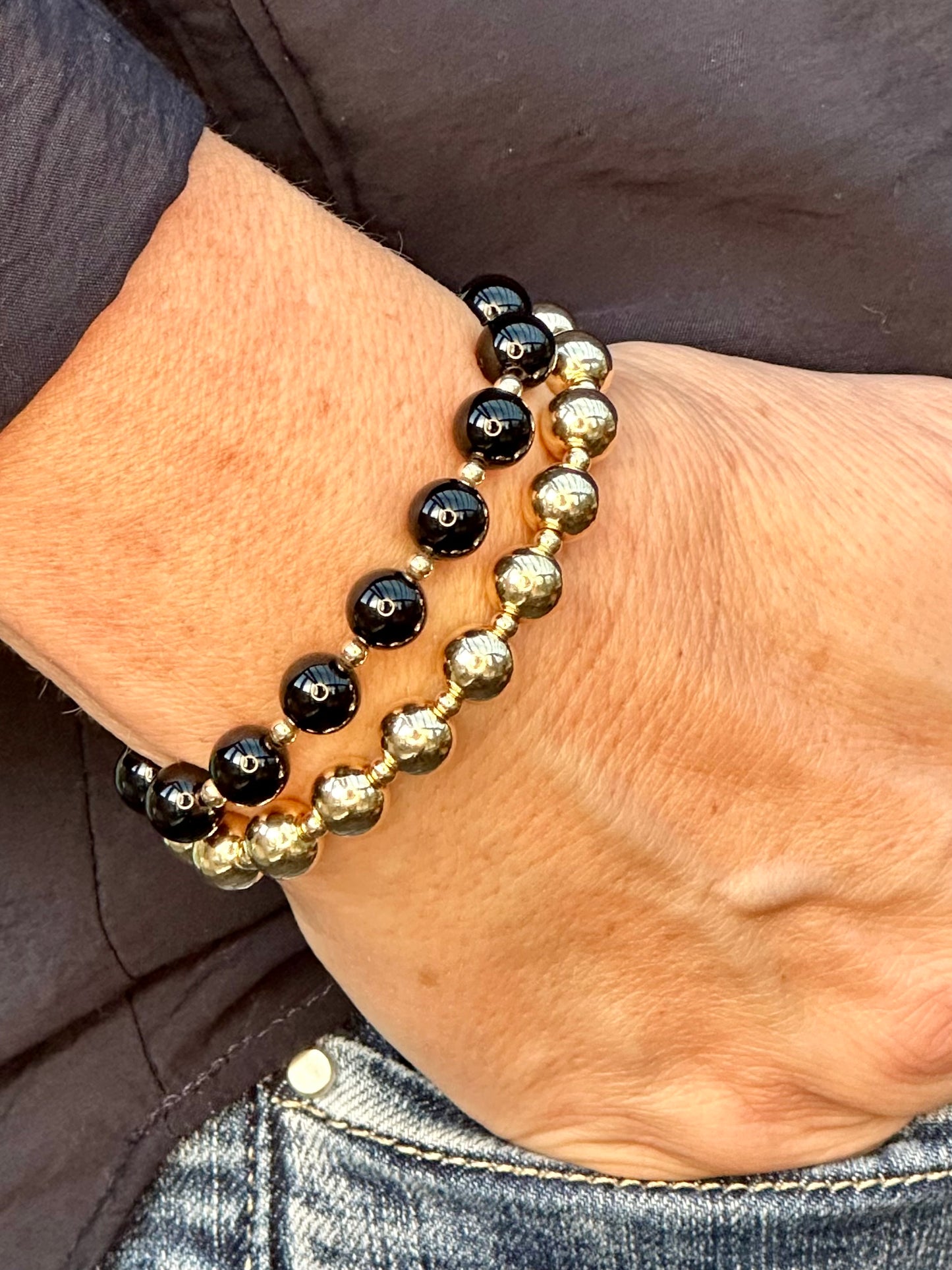 Black Onyx Stack Builder 14k Gold Bracelet