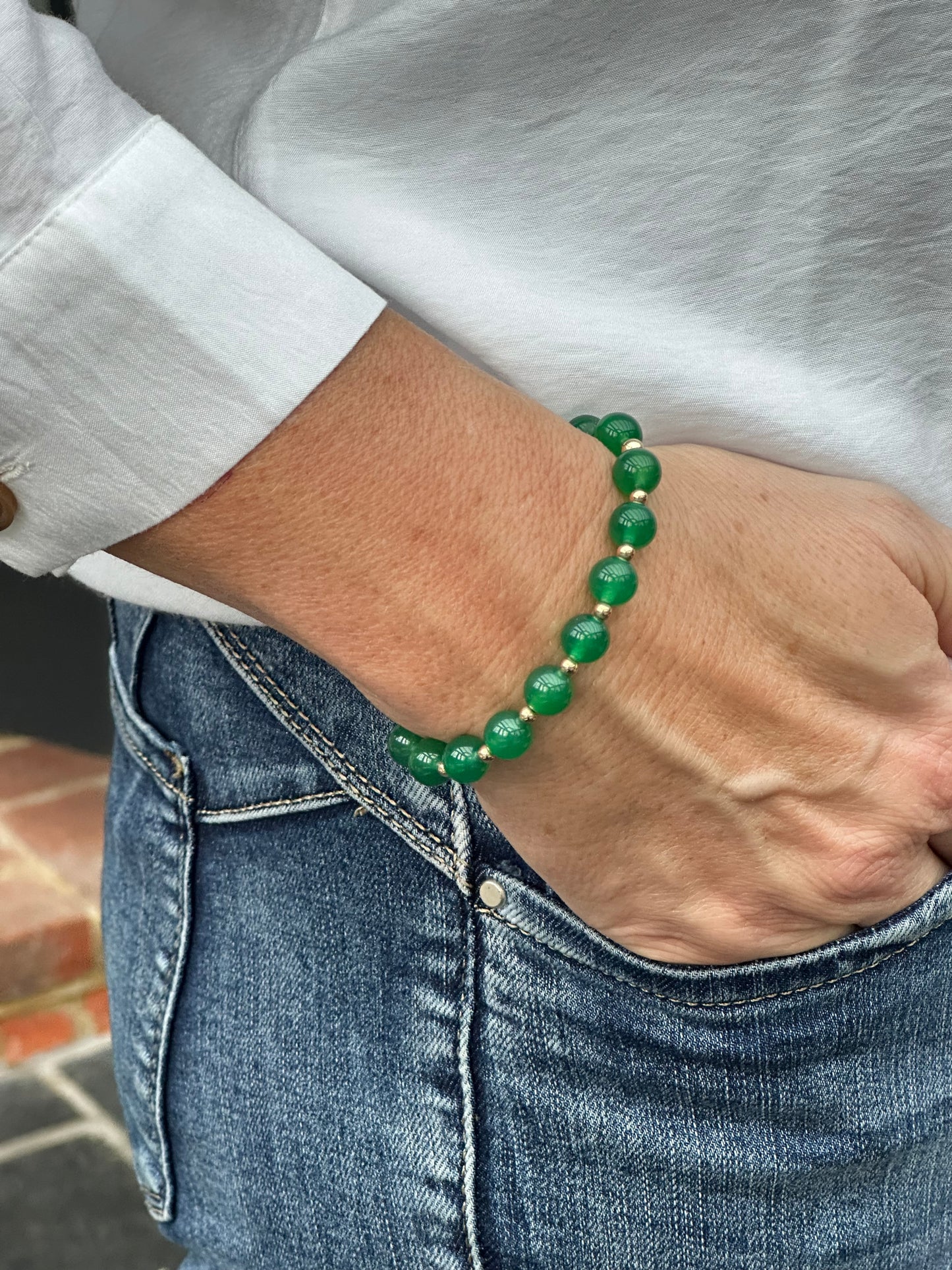 Green Agate Stack Builder 14k Gold Bracelet