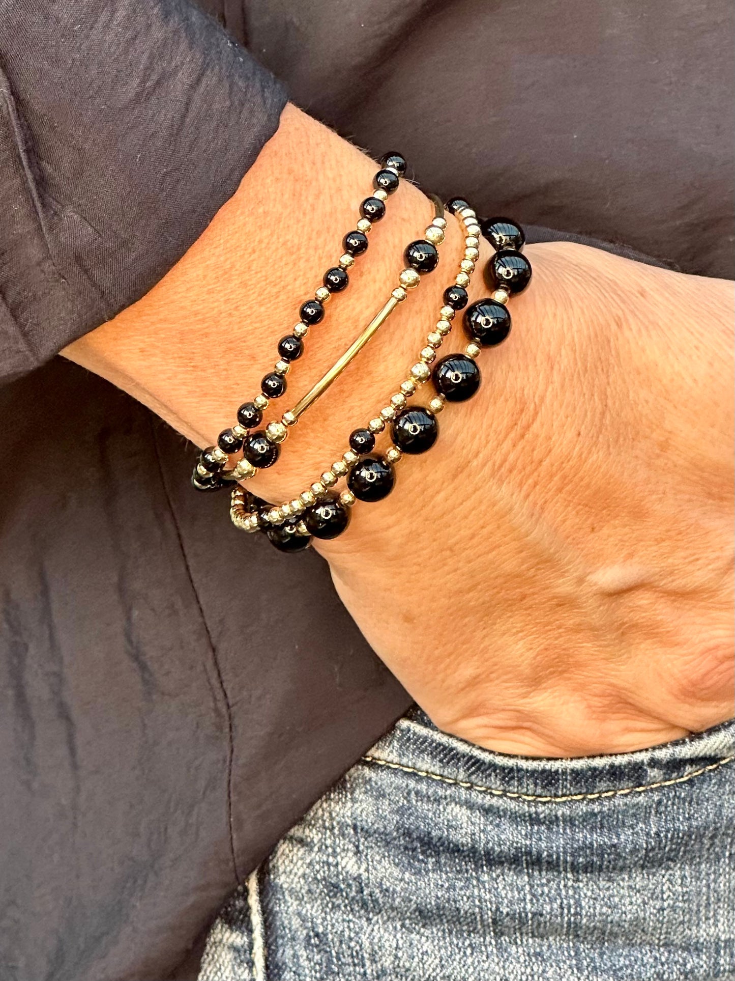 Black Onyx 14k Gold Bracelet Stack